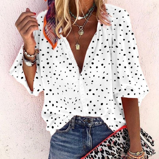 Women's Polka Dot Print Long Sleeve V Neck Button Blouse