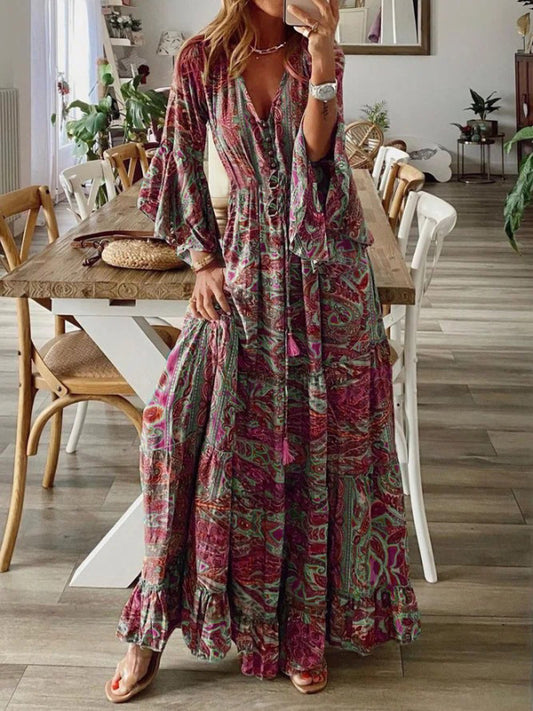 Women's Bohemian Style Trumpet Sleeve Printed V-neck High Waist Floral Dress