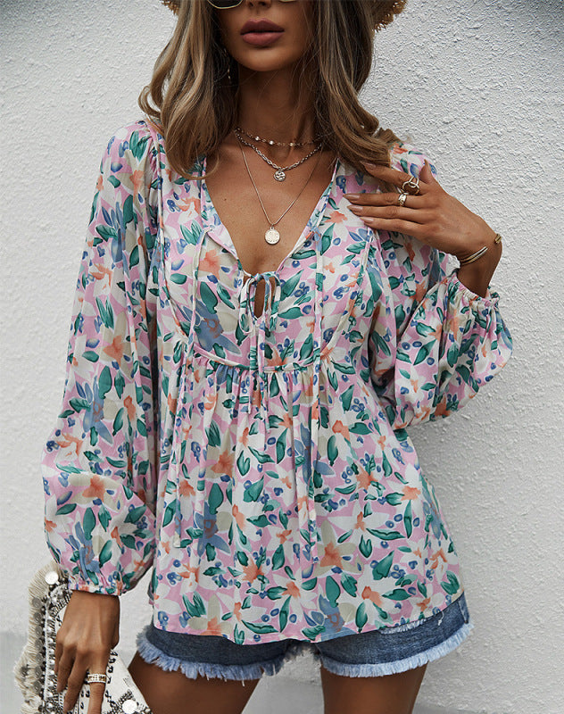 Women's Floral long-sleeved Tie Shirt top