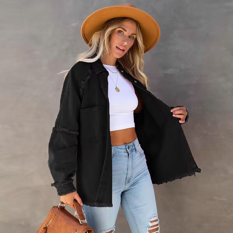 Women's Casual Fringed Ripped Loose Denim Jacket