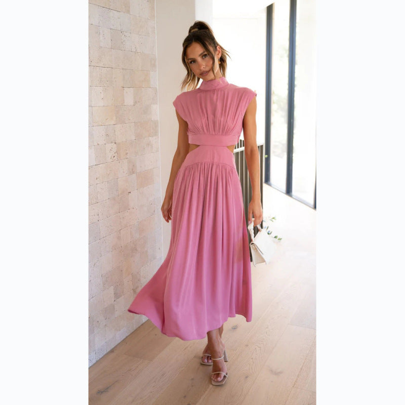 Women's Stand Collar Open Waist Pleated Long Dress