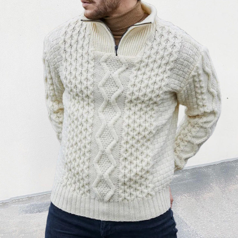 Men's Zipper Turtleneck Long Sleeve Cable Sweater