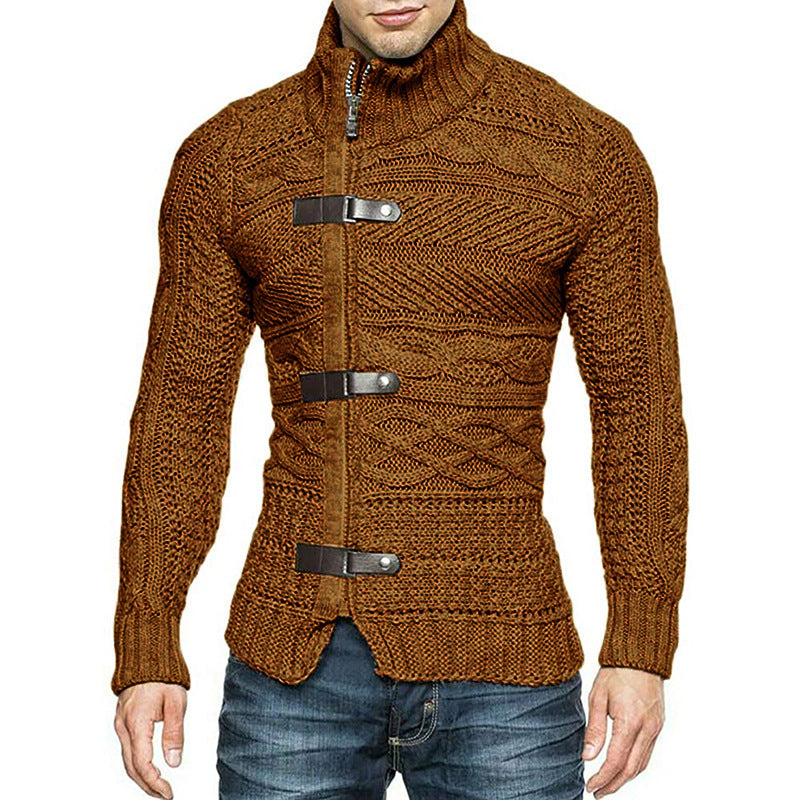 Men's Leather Button Long Sleeve Knitted Cardigan Jacket