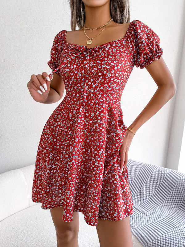 Women's Bell Sleeve Drawstring Tie Floral Swing Dress