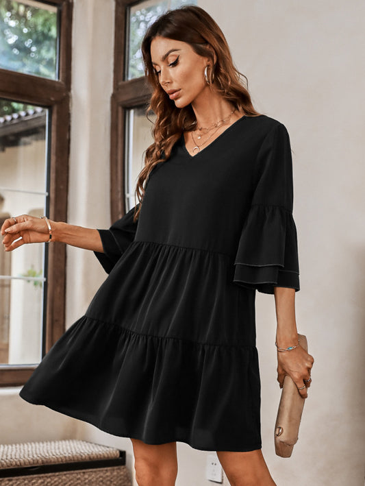 Women's V-Neck Ruffle Sleeve Tiered Dress