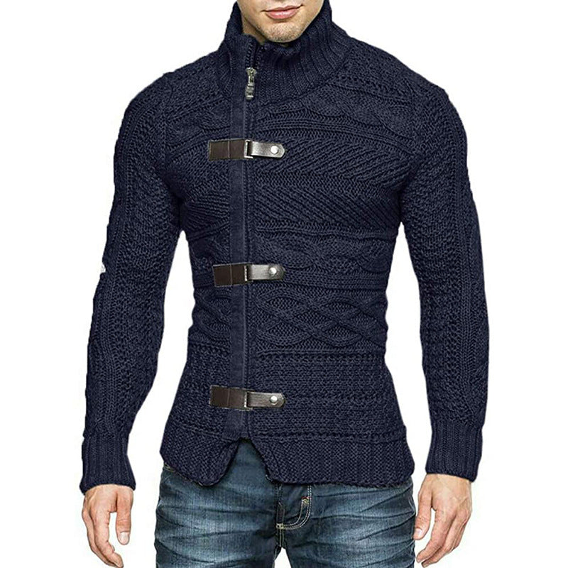 Men's Leather Button Long Sleeve Knitted Cardigan Jacket