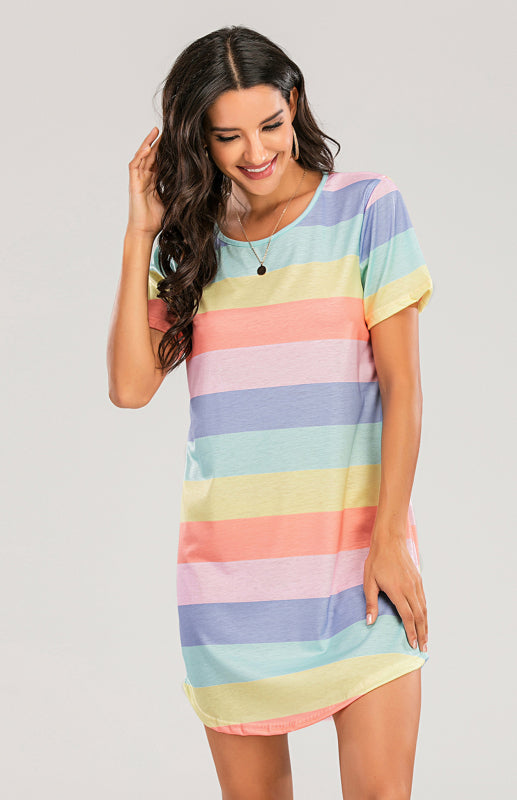 Women's Short Sleeve Rainbow Striped Loose T-Shirt Pyjama Sets