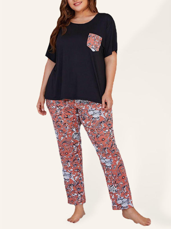 Women's Plus Size Short Sleeve Floral Trousers Pyjamas Set