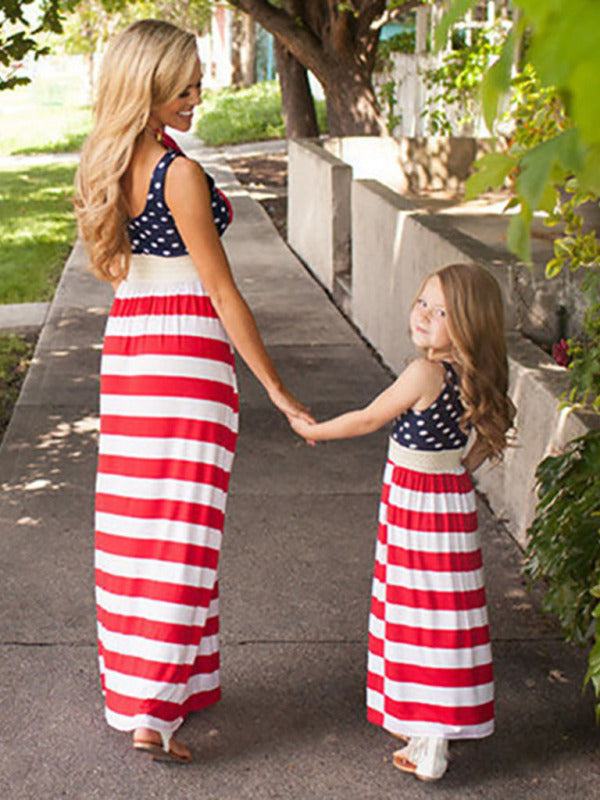 Women's American Flag Print Smocked Waist Scoop Midi Dress