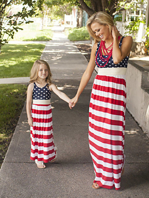 Girl's American Flag Print Smocked Waist Scoop Mother And Daughter Midi Dress