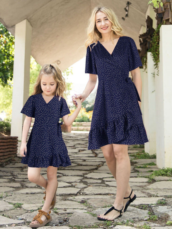 Women's Polka Dot Print V-Neck Short Sleeve Wrap Dress Mother And Daughter Dress