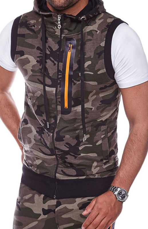 Men's Camo Round Hem Slim Fit Sleeveless Hooded Vest