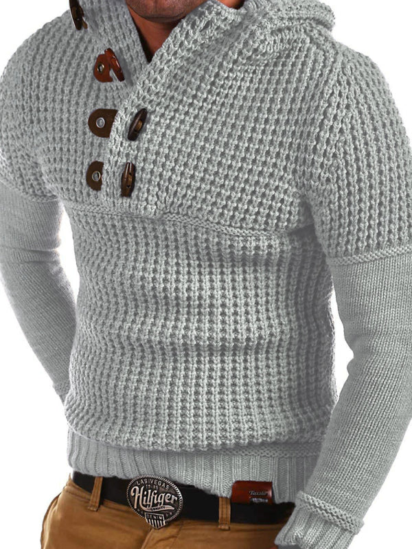 Men's Lapel Collar Diagonal Button Horn Button Pullover Sweater