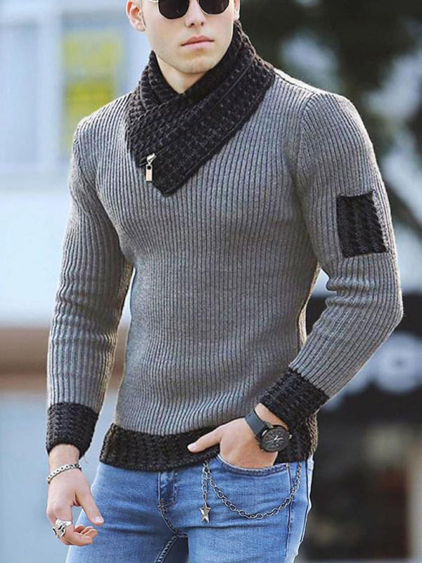 Men's Contrasting Color Stitching Scarf Casual Sweater