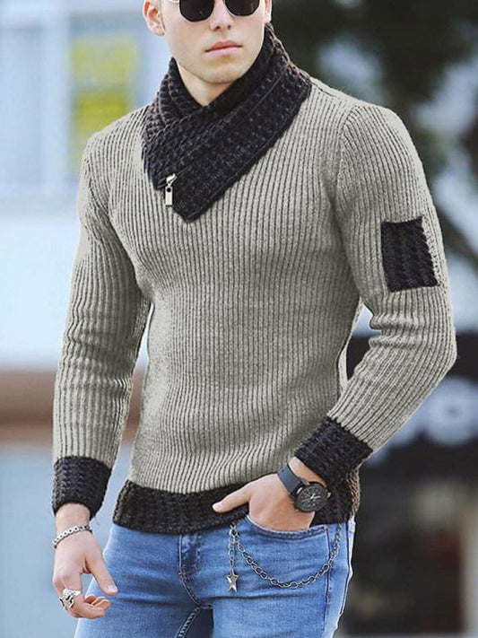 Men's Contrasting Color Stitching Scarf Casual Sweater