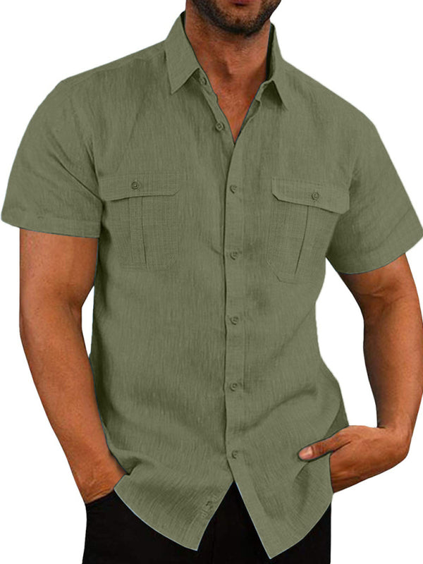 Men's Solid Colour Double Pocket Short Sleeve Shirt