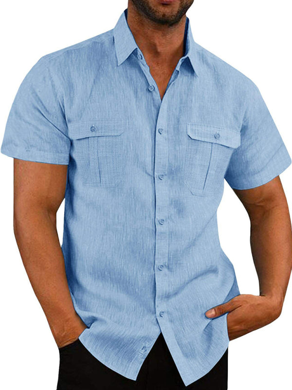 Men's Solid Colour Double Pocket Short Sleeve Shirt