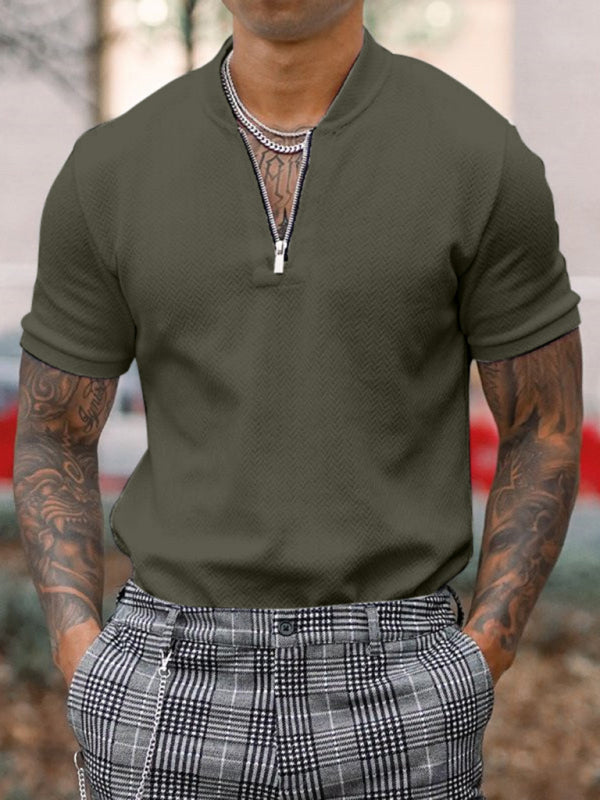 Men's Zipper Stand Collar Casual Short Sleeve T-Shirt