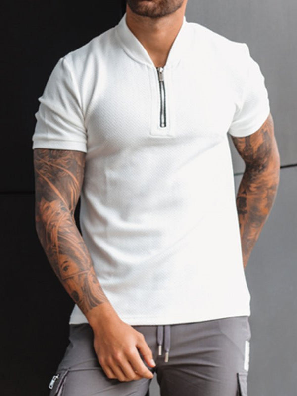 Men's Zipper Stand Collar Casual Short Sleeve T-Shirt