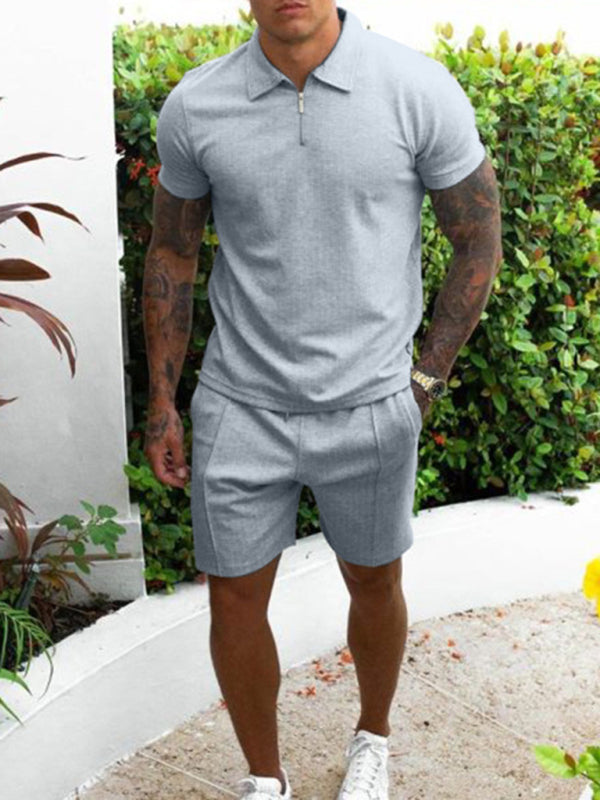 Men's Zip-placket Mercerized Polo Shirt And Matching Short Set