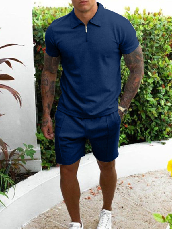 Men's Zip-placket Mercerized Polo Shirt And Matching Short Set