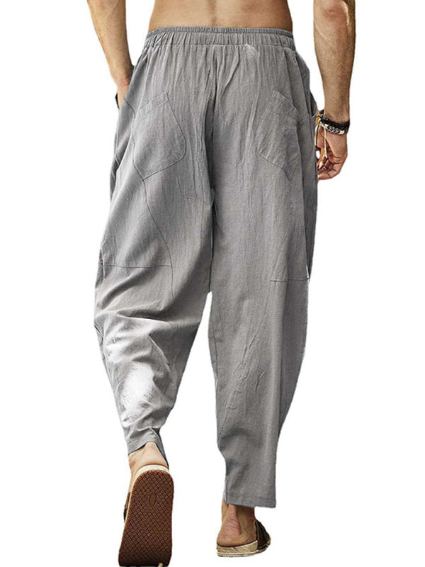 Men's casual loose cotton and linen drawstring lantern pencil pants