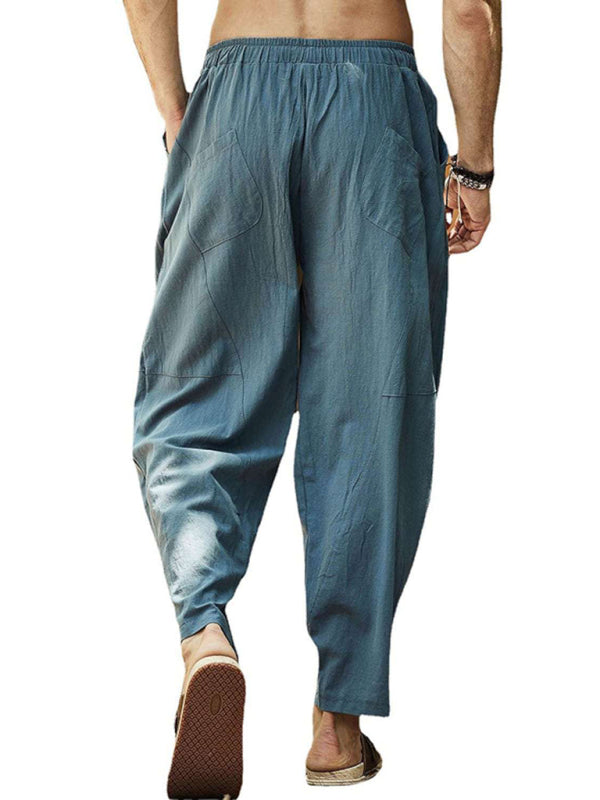 Men's casual loose cotton and linen drawstring lantern pencil pants