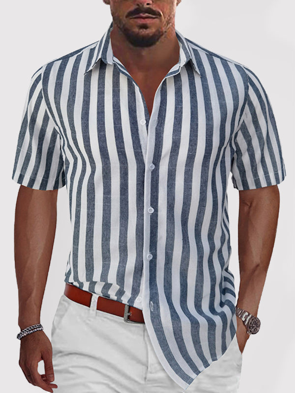 Men's Stripe Short Sleeve Linen & Cotton Button-up Shirt