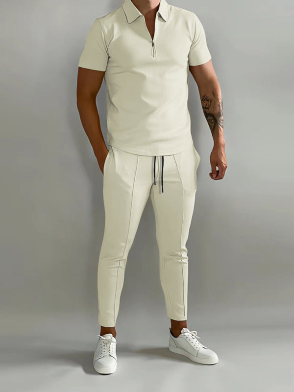 Men's Lapel Short-sleeved POLO shirt and Trousers 2Pcs Set