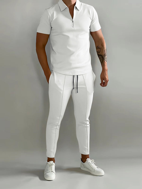 Men's Lapel Short-sleeved POLO shirt and Trousers 2Pcs Set