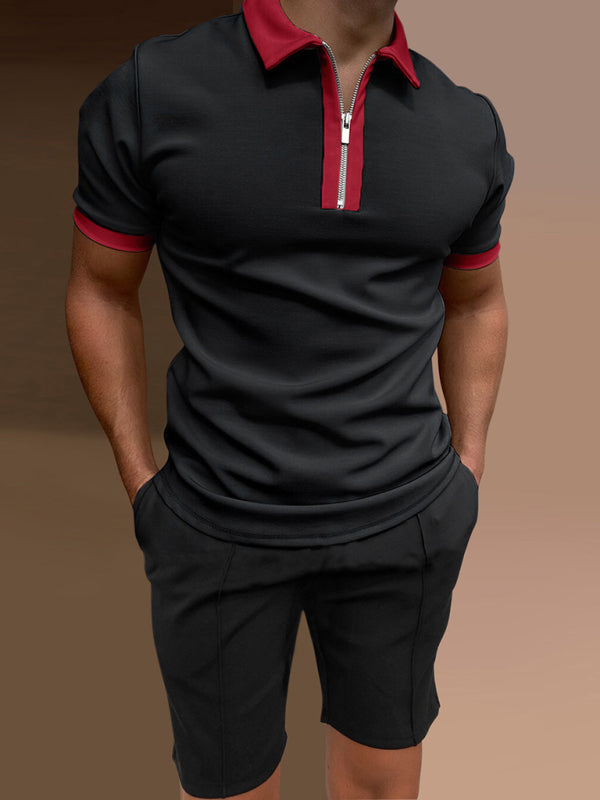 Men's Tipped Quarter Zip Cotton Polo Shirt and Shorts Sets