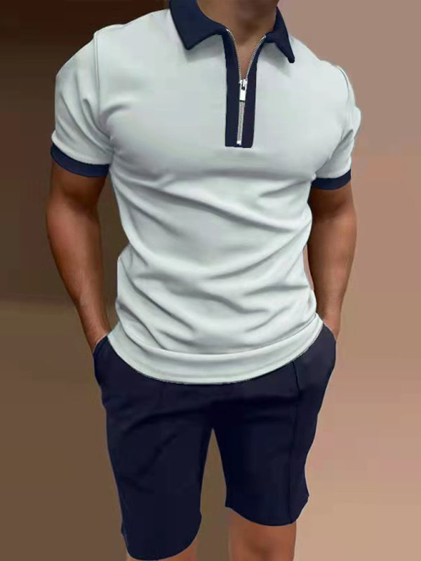 Men's Tipped Quarter Zip Cotton Polo Shirt and Shorts Sets