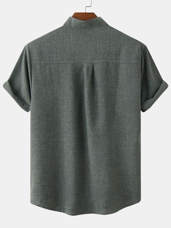 Men's Solid Colour Mandarin Collar Linen Button-Up Shirt