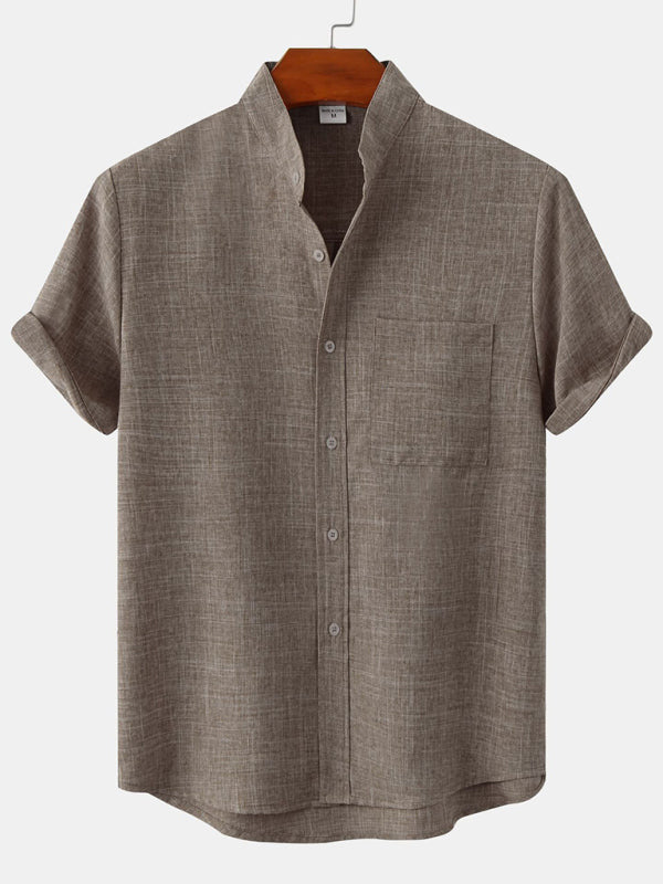 Men's Solid Colour Mandarin Collar Linen Button-Up Shirt