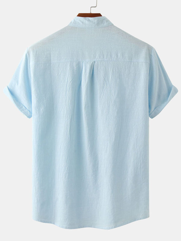 Men's Cotton Linen Stand Collar Casual Short Sleeve Shirt Beach Shirt