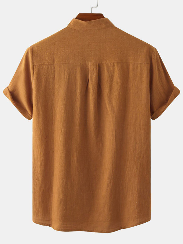 Men's Cotton Linen Stand Collar Casual Short Sleeve Shirt Beach Shirt