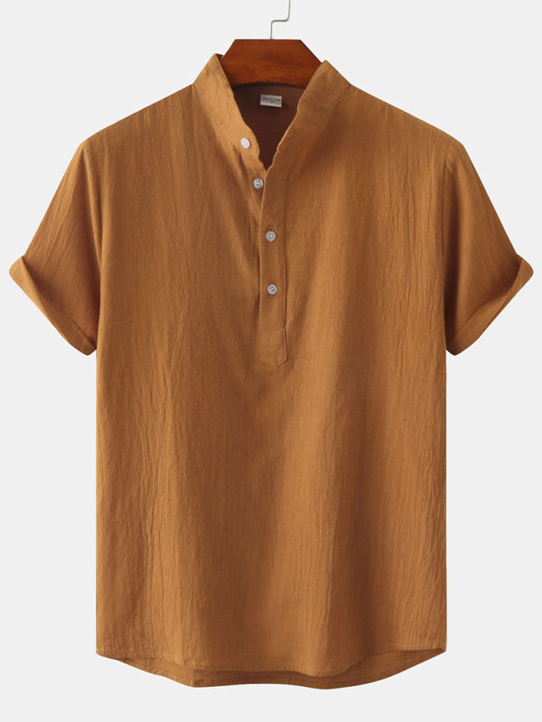 Men's Cotton Linen Stand Collar Casual Short Sleeve Shirt Beach Shirt