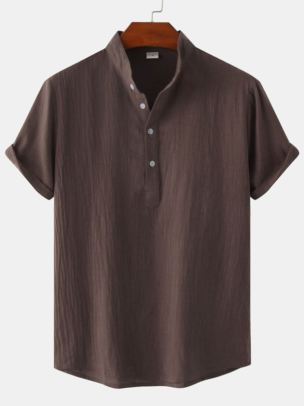 Men's Cotton Linen Stand Collar Casual Short Sleeve Shirt Beach Shirt