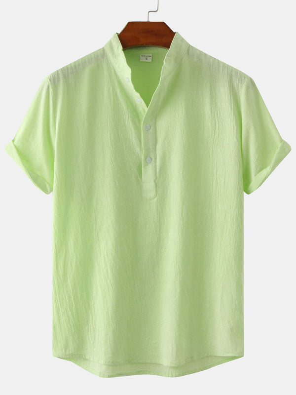 Men's Cotton Linen Stand Collar Casual Short Sleeve Shirt Beach Shirt