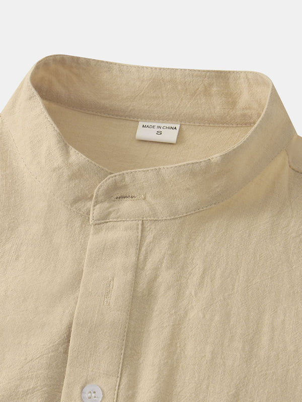 Men's Cotton Linen Stand Collar Casual Short Sleeve Shirt Beach Shirt