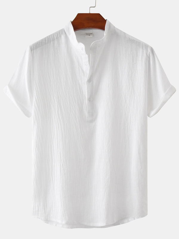 Men's Cotton Linen Stand Collar Casual Short Sleeve Shirt Beach Shirt