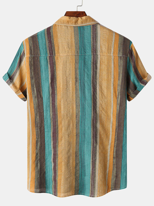 Men's Stripe Print Short Sleeve Button-Up Shirt