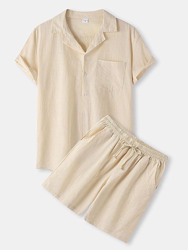 Men's Short-sleeved T-shirt shorts cotton linen 2Pcs Set