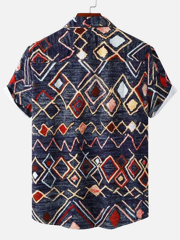 Men's Vintage Print Ethnic Aztec Short Sleeve Shirt