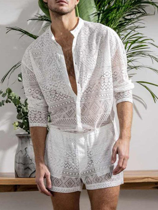 Men's Lace Long Sleeve Shirt With Matching Shorts