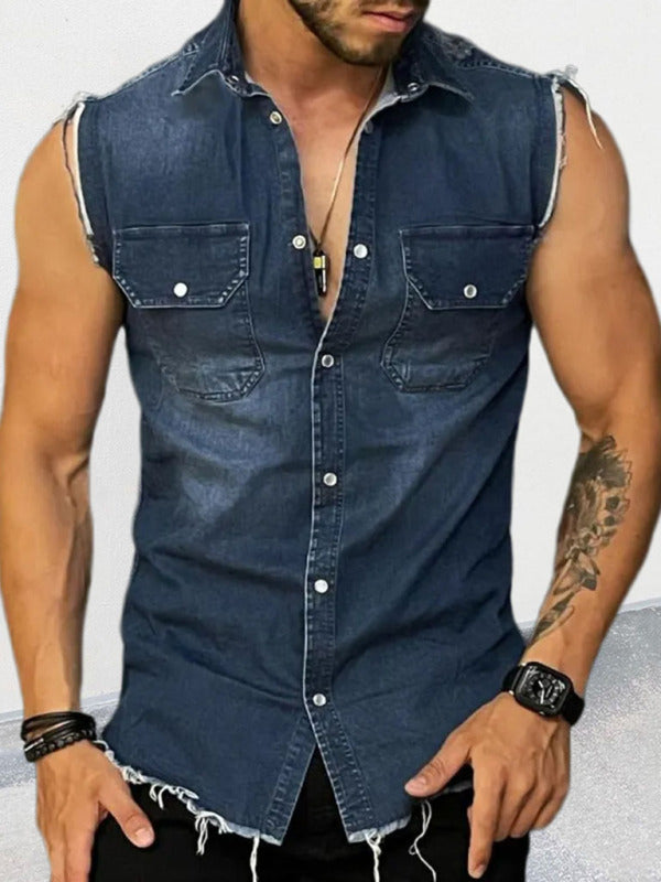 Men's Denim Lapel Sleeveless Shirt Top