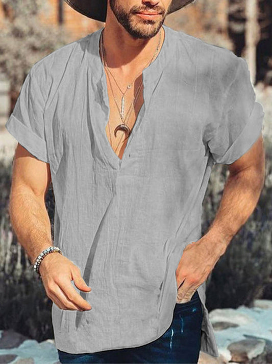 Men's Round Neck short sleeve Cotton linen Shirt