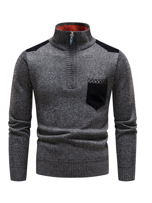 Men's Stand-up collar Thickened Patchwork Half-zip Lapel Pullover Sweater