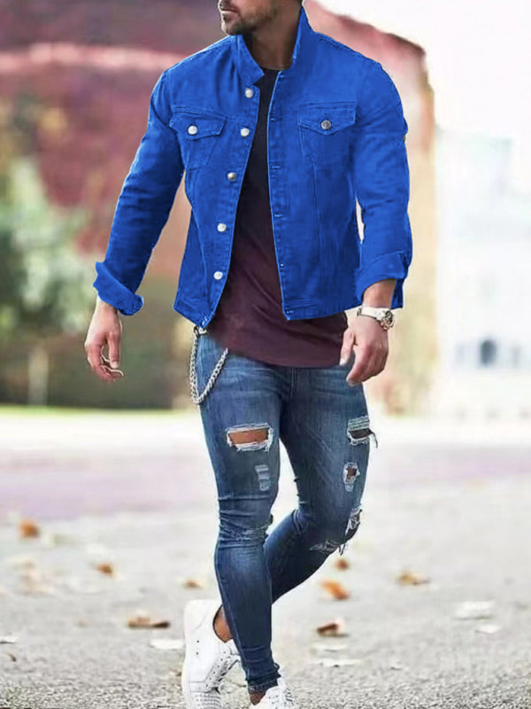 Men's long-sleeved casual slim jacket multi-pocket button Denim Jacket
