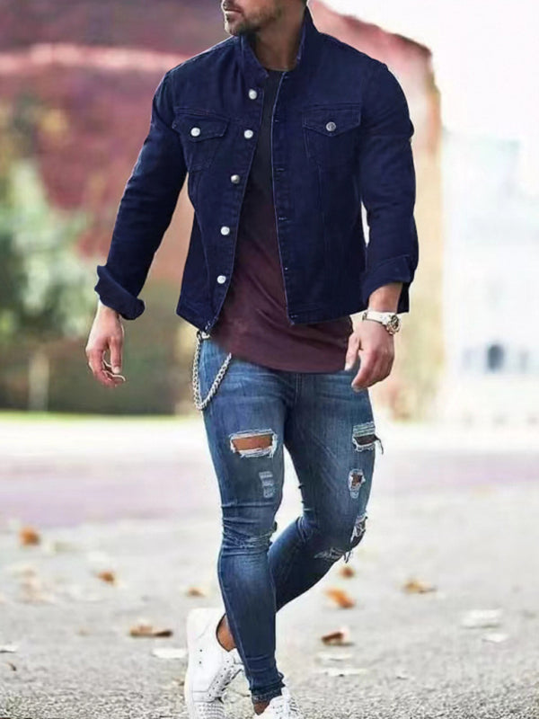 Men's long-sleeved casual slim jacket multi-pocket button Denim Jacket
